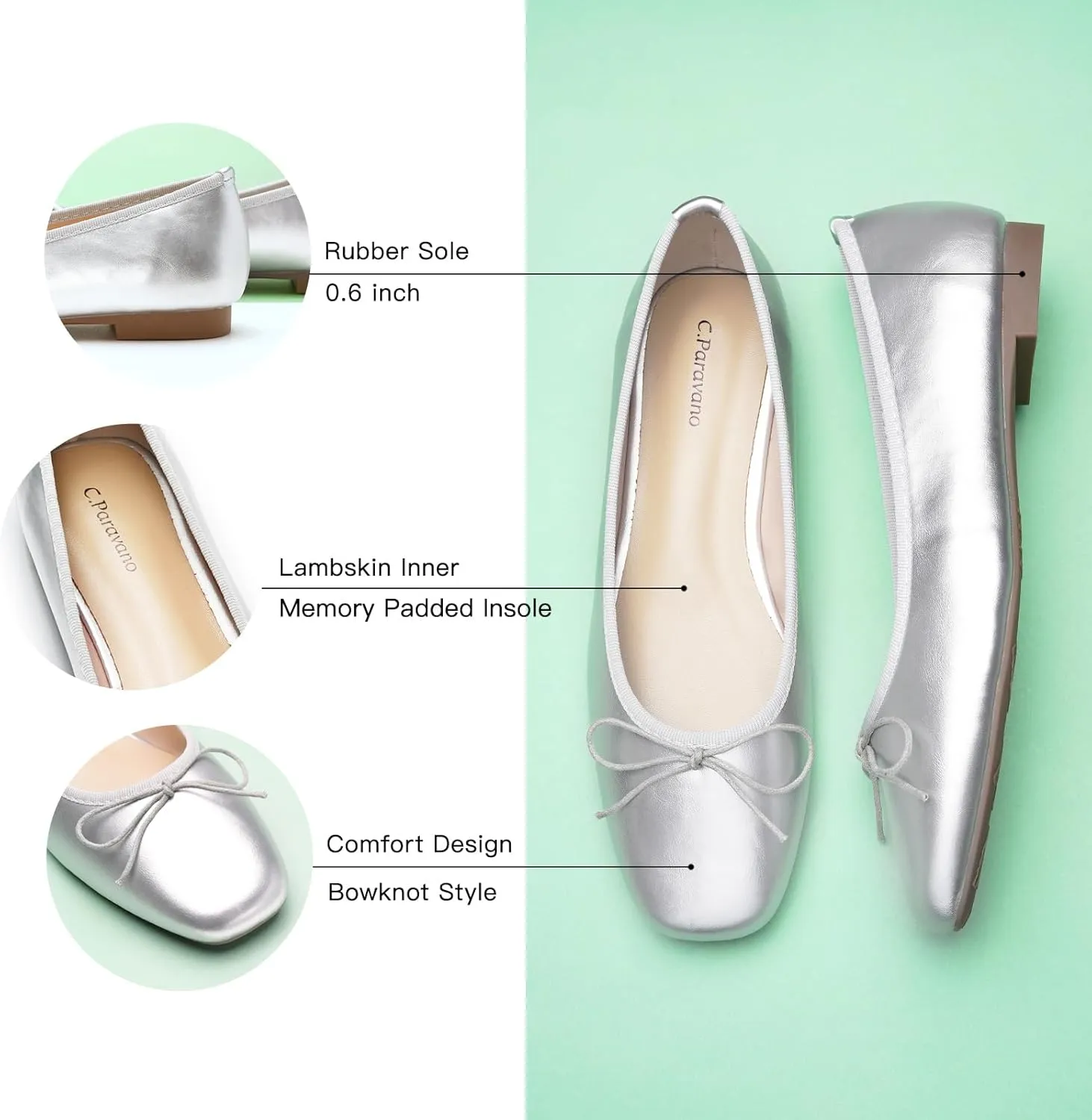 C.Paravano Women's Ballet Flats, Comfortable Slip On Round Toe Flat Shoes, Casual Walking Shoes for Women, Slip-On Bow Dressy Flats for Work Office & Wedding Party
