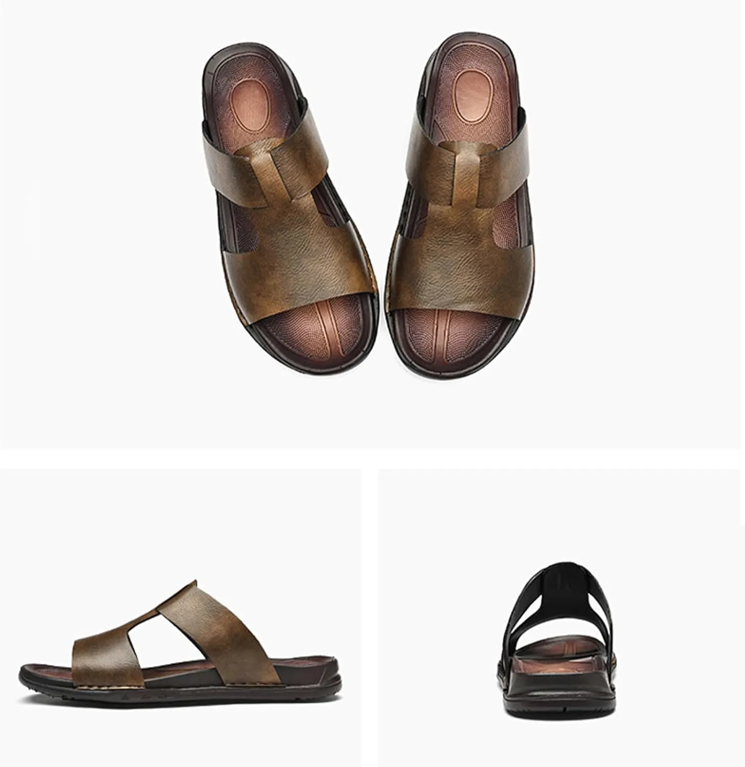 Crepuscute Men's Open Toe Leather Slide Sandals Slip On Comfortable Lightweight Casual Beach Slides Summer Outdoor Sandals