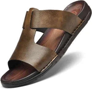 Crepuscute Men's Open Toe Leather Slide Sandals Slip On Comfortable Lightweight Casual Beach Slides Summer Outdoor Sandals