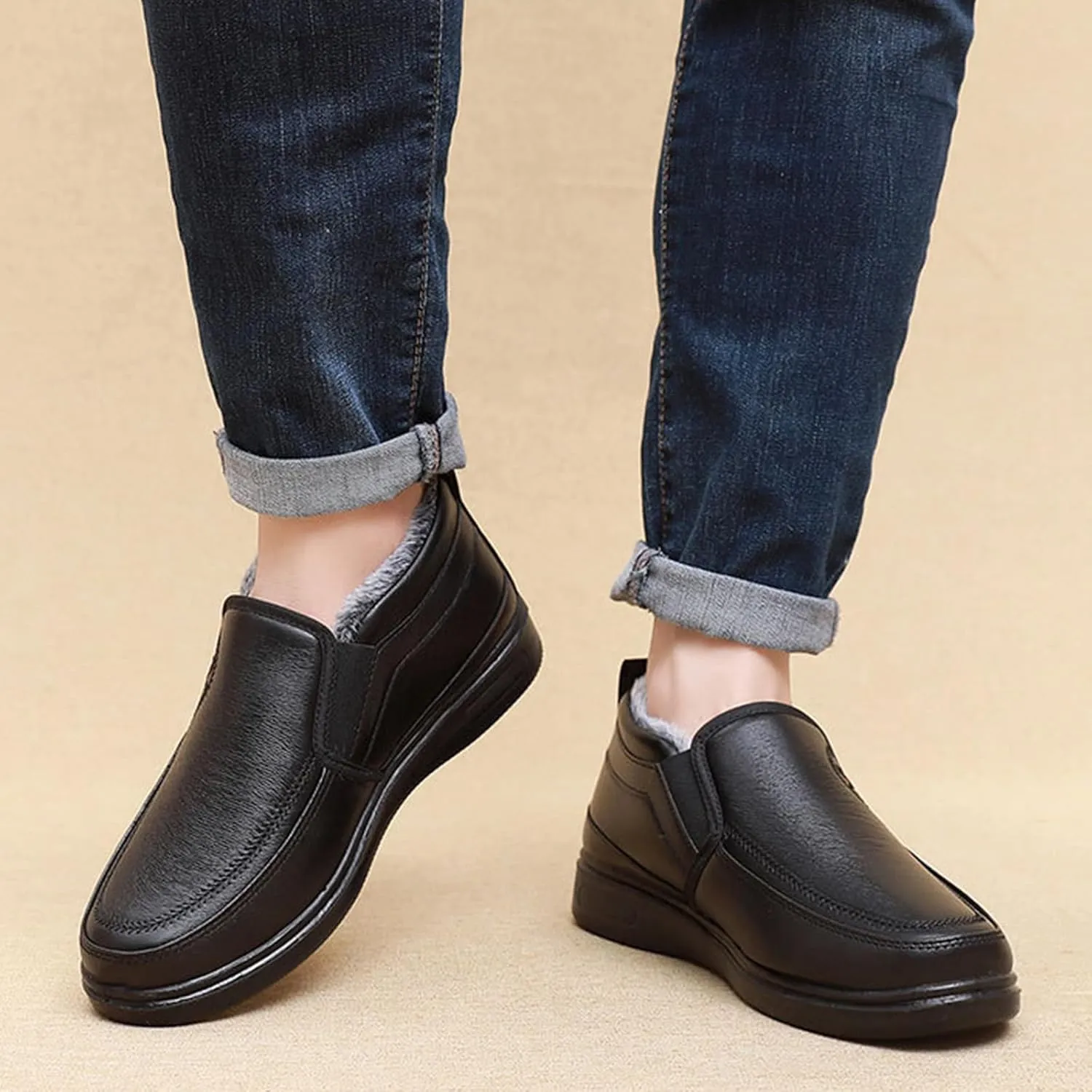 Crepuscute Men's Slip-On Warm Snow Ankle Boots Outdoor Non-Slip Casual Soft Bottom Booties Walking Sneakers House Shoes