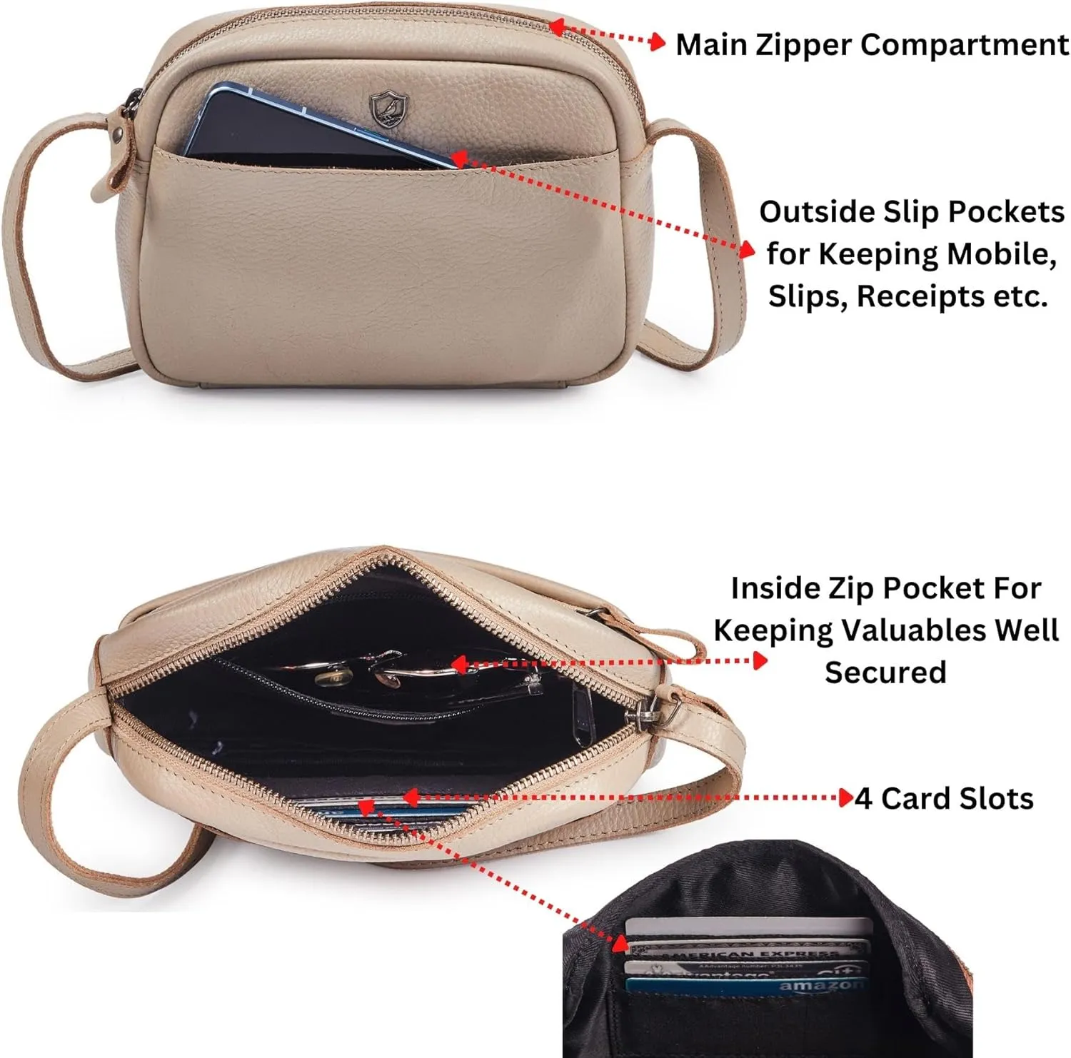 Crossbody Sling Bag for Women Trendy Real Leather Purse Mini Soft Pebbled Crossover with Card Case
