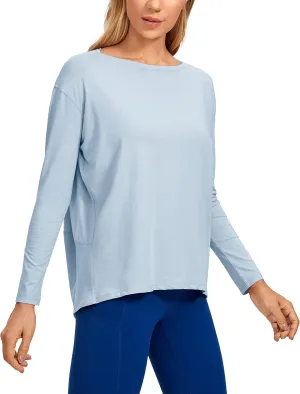 CRZ YOGA Pima Cotton Long Sleeve Workout Shirts for Women Loose Fit Athletic Yoga T-Shirts Casual Boat Neck Fall Tops