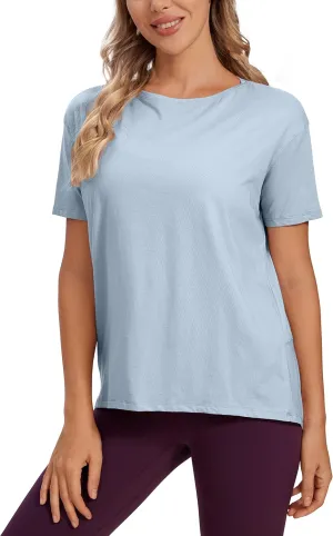 CRZ YOGA Women's Pima Cotton Short Sleeve Shirts Boat Neck Loose Fit Gym Workout T-Shirt Athletic Casual Tops