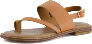 CUSHIONAIRE Leader Women’s Strappy Sandal – Premium Faux Leather Toe Loop Flat with Adjustable Ankle Strap & Cushioned Footbed