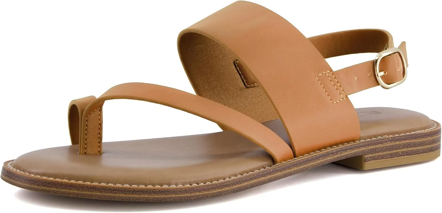 CUSHIONAIRE Leader Women’s Strappy Sandal – Premium Faux Leather Toe Loop Flat with Adjustable Ankle Strap & Cushioned Footbed