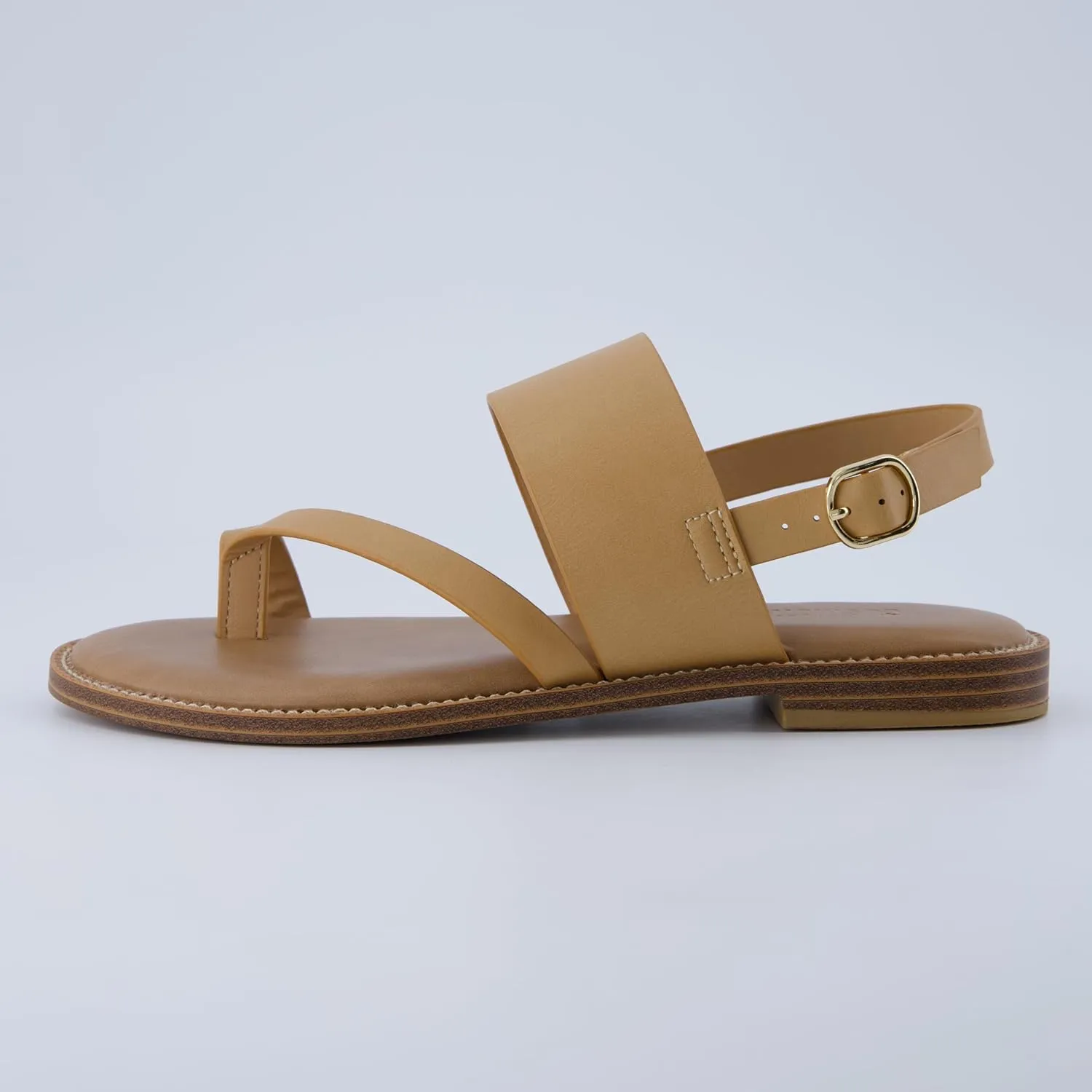 CUSHIONAIRE Leader Women’s Strappy Sandal – Premium Faux Leather Toe Loop Flat with Adjustable Ankle Strap & Cushioned Footbed