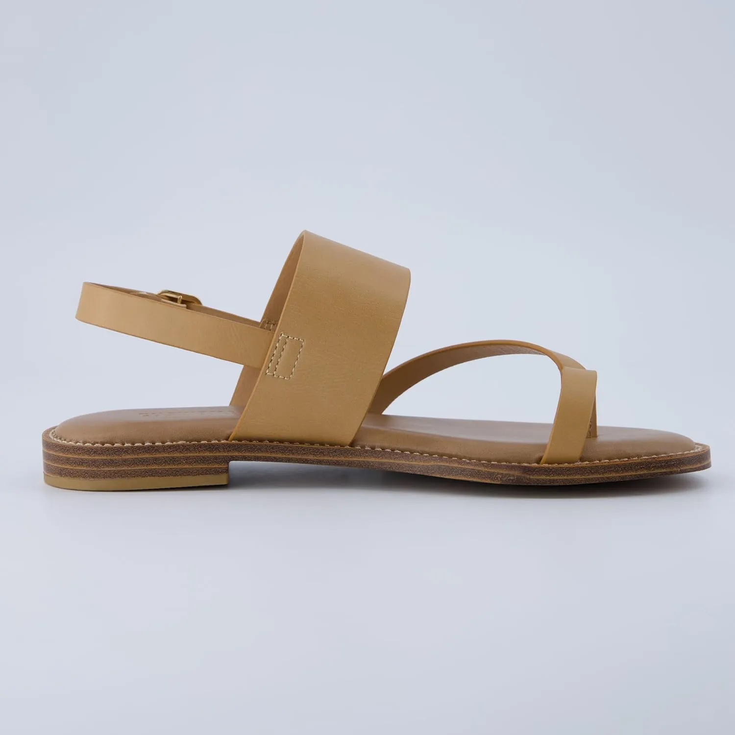 CUSHIONAIRE Leader Women’s Strappy Sandal – Premium Faux Leather Toe Loop Flat with Adjustable Ankle Strap & Cushioned Footbed