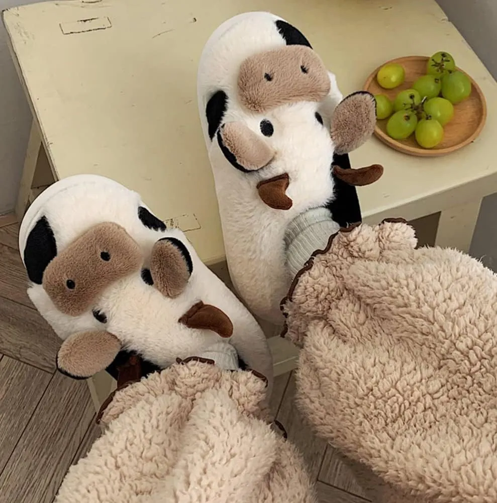 Cute Cow Animal Slippers Women Kawaii Winter Fuzzy Fluffy Cartoon House Slippers Soft Comfy Warm Anti-Slip Home Slipper