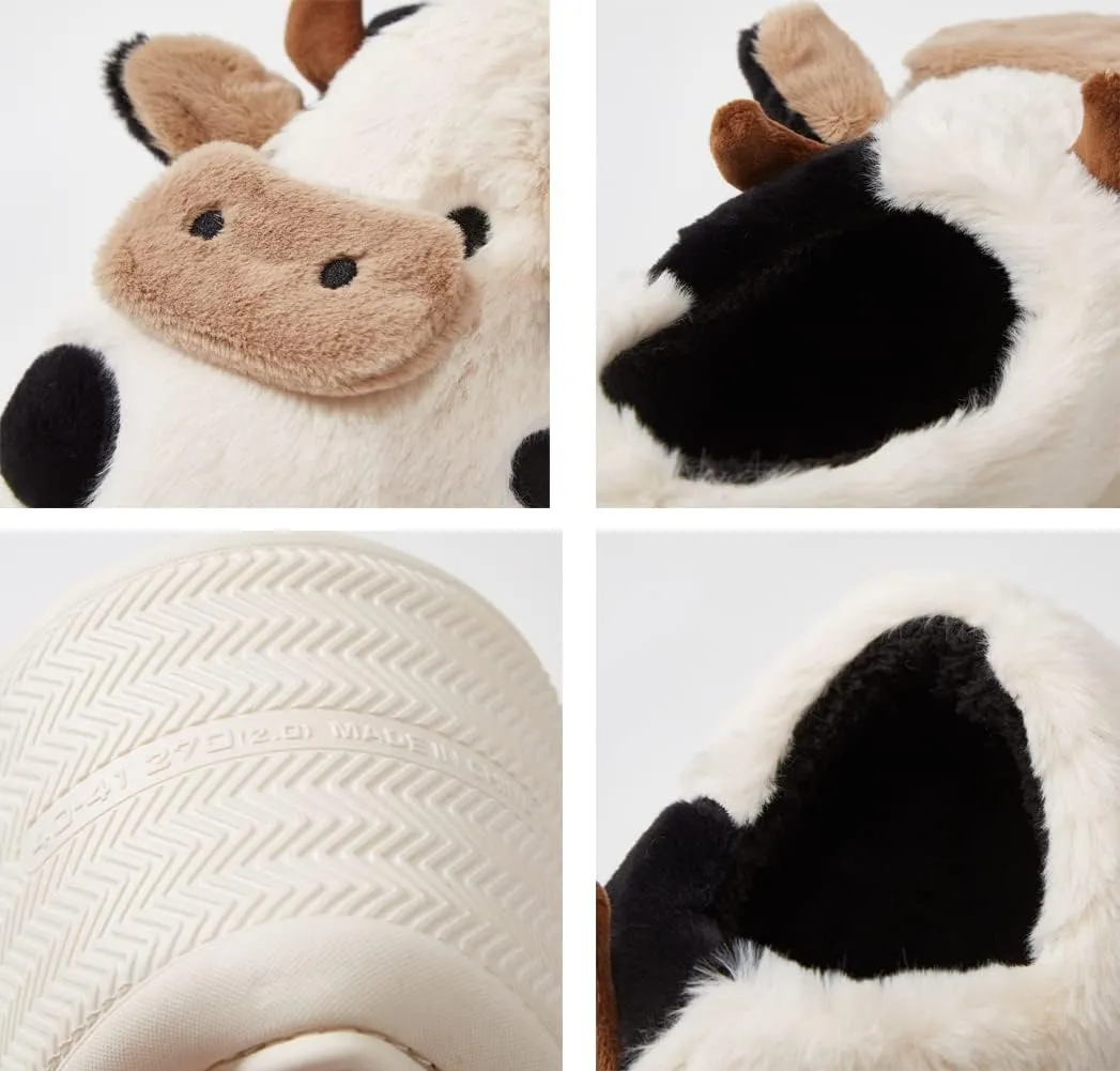 Cute Cow Animal Slippers Women Kawaii Winter Fuzzy Fluffy Cartoon House Slippers Soft Comfy Warm Anti-Slip Home Slipper