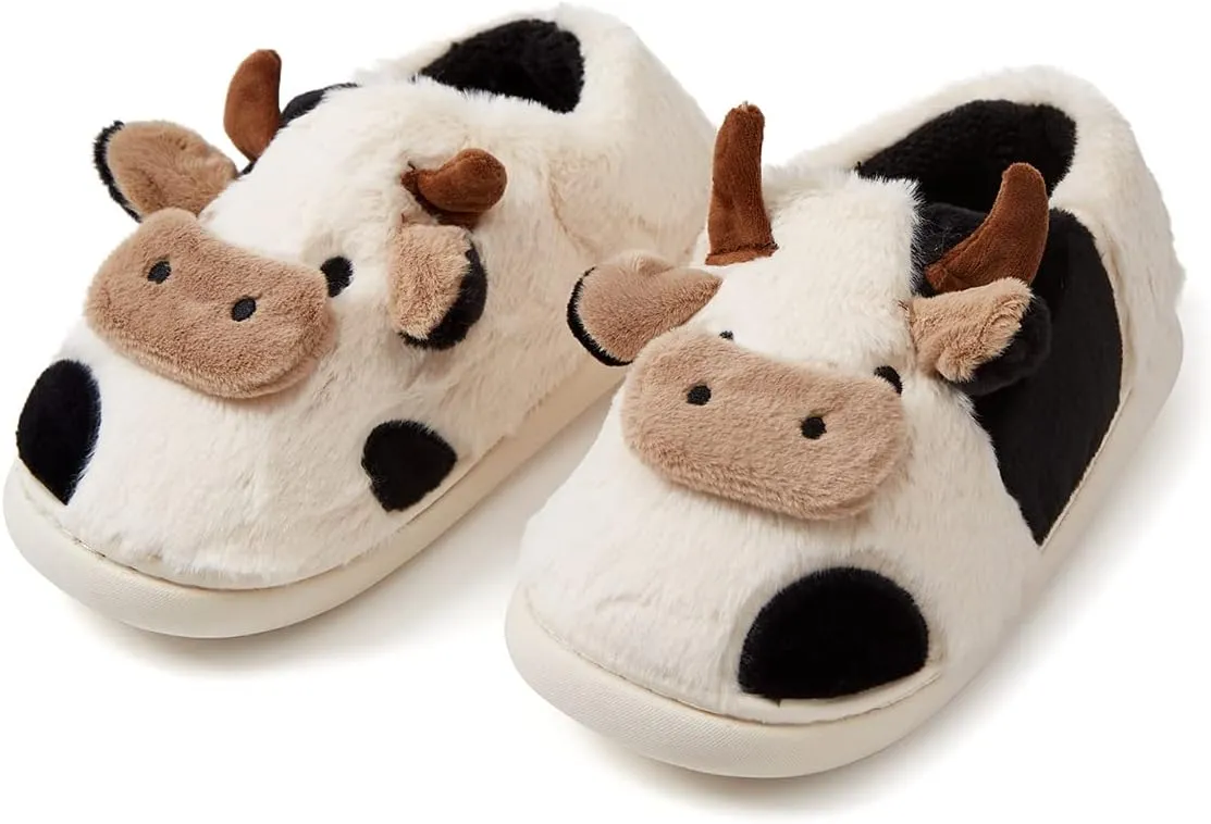 Cute Cow Animal Slippers Women Kawaii Winter Fuzzy Fluffy Cartoon House Slippers Soft Comfy Warm Anti-Slip Home Slipper