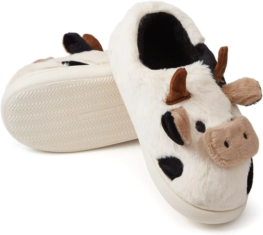 Cute Cow Animal Slippers Women Kawaii Winter Fuzzy Fluffy Cartoon House Slippers Soft Comfy Warm Anti-Slip Home Slipper