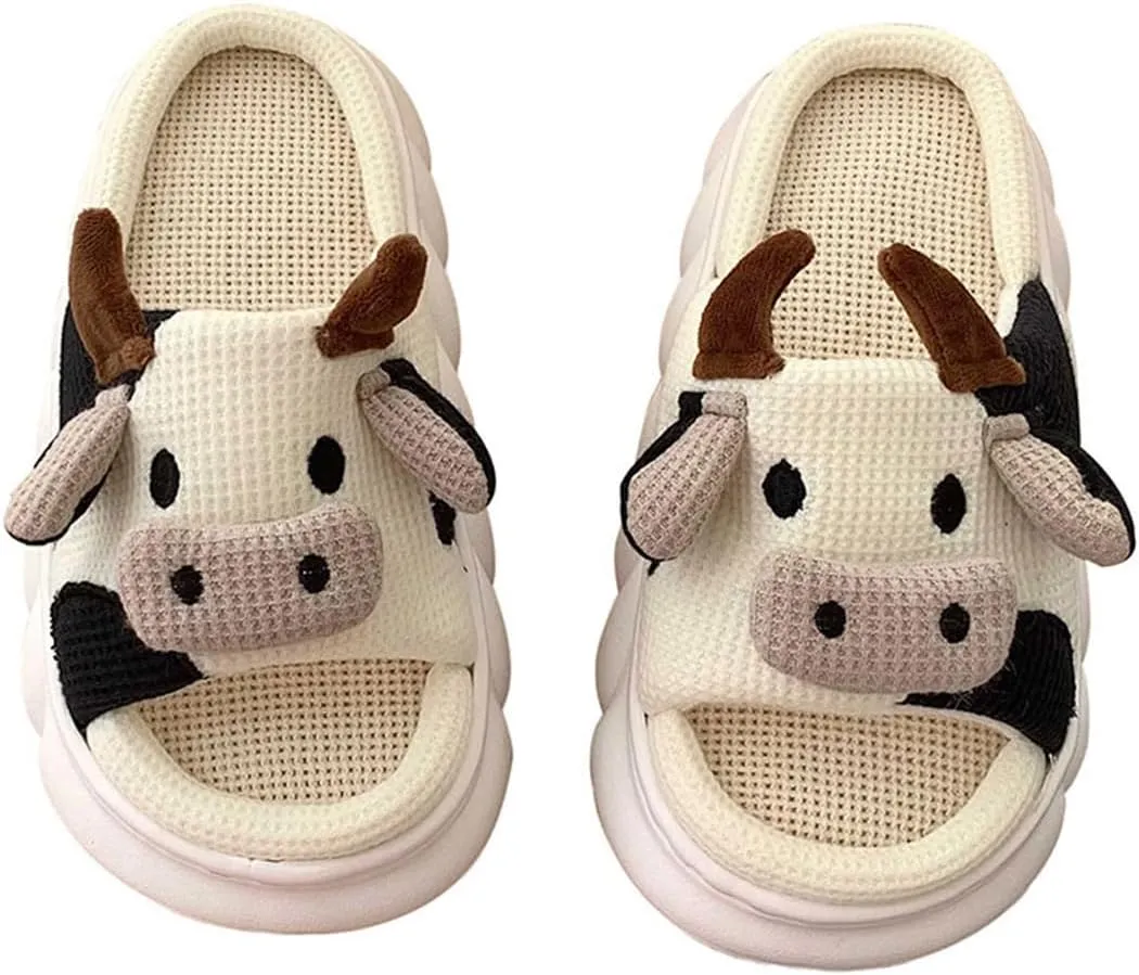 Cute Cow House Slippers, Mesh Breathable Indoor Shoes, White and Black