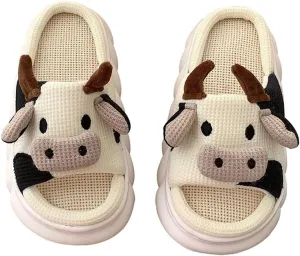Cute Cow House Slippers, Mesh Breathable Indoor Shoes, White and Black