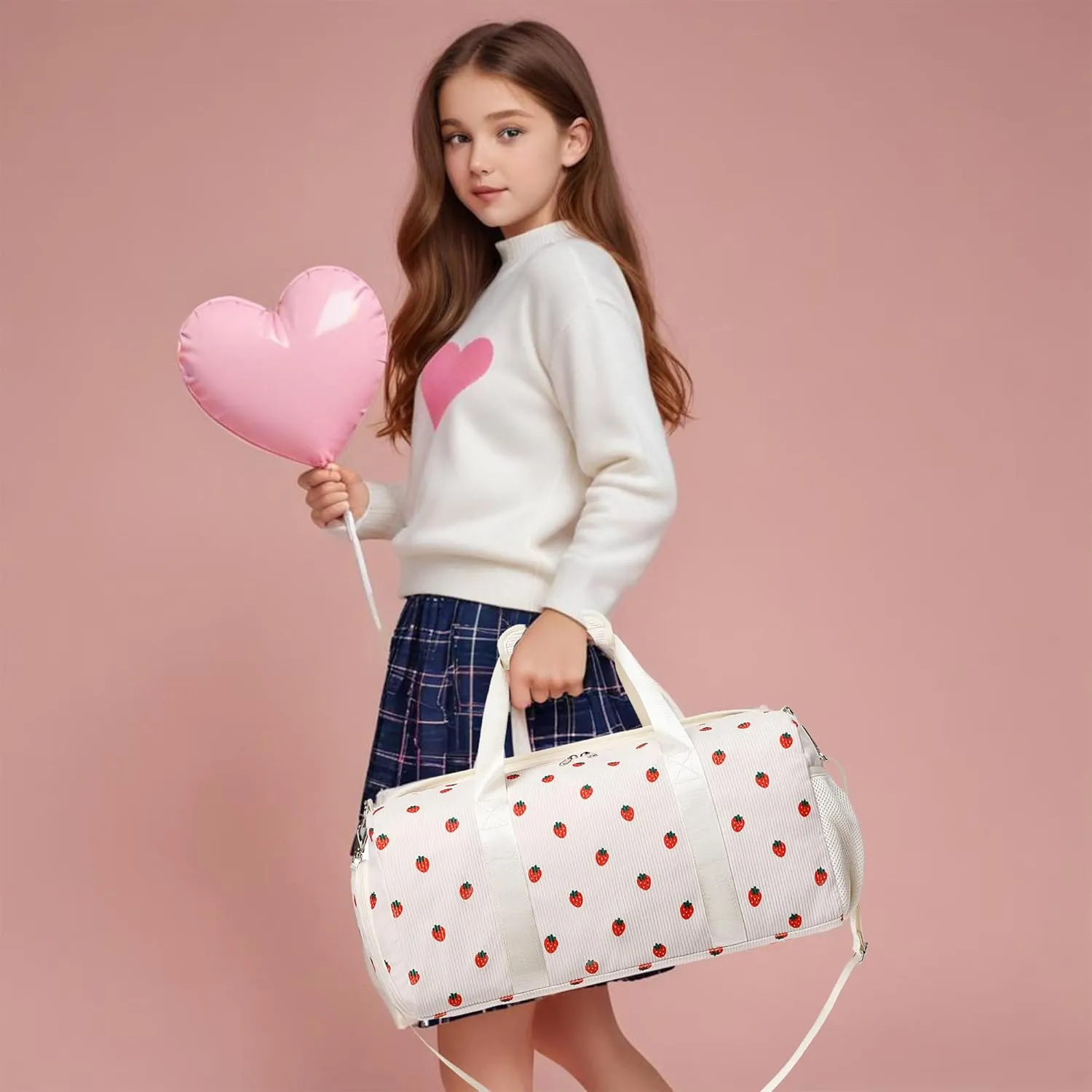 Dance Bag Girls Duffle Bag Gymnastics Bags for Girls Overnight Sleepover Bags with Shoe Compartment and Wet Pocket,Strawberry Shape Corduroy