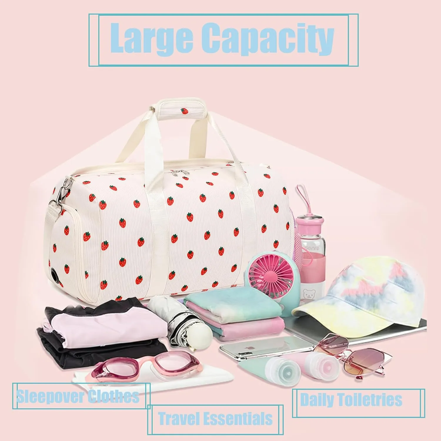 Dance Bag Girls Duffle Bag Gymnastics Bags for Girls Overnight Sleepover Bags with Shoe Compartment and Wet Pocket,Strawberry Shape Corduroy