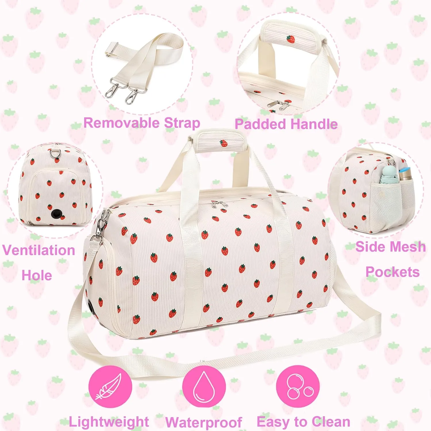 Dance Bag Girls Duffle Bag Gymnastics Bags for Girls Overnight Sleepover Bags with Shoe Compartment and Wet Pocket,Strawberry Shape Corduroy
