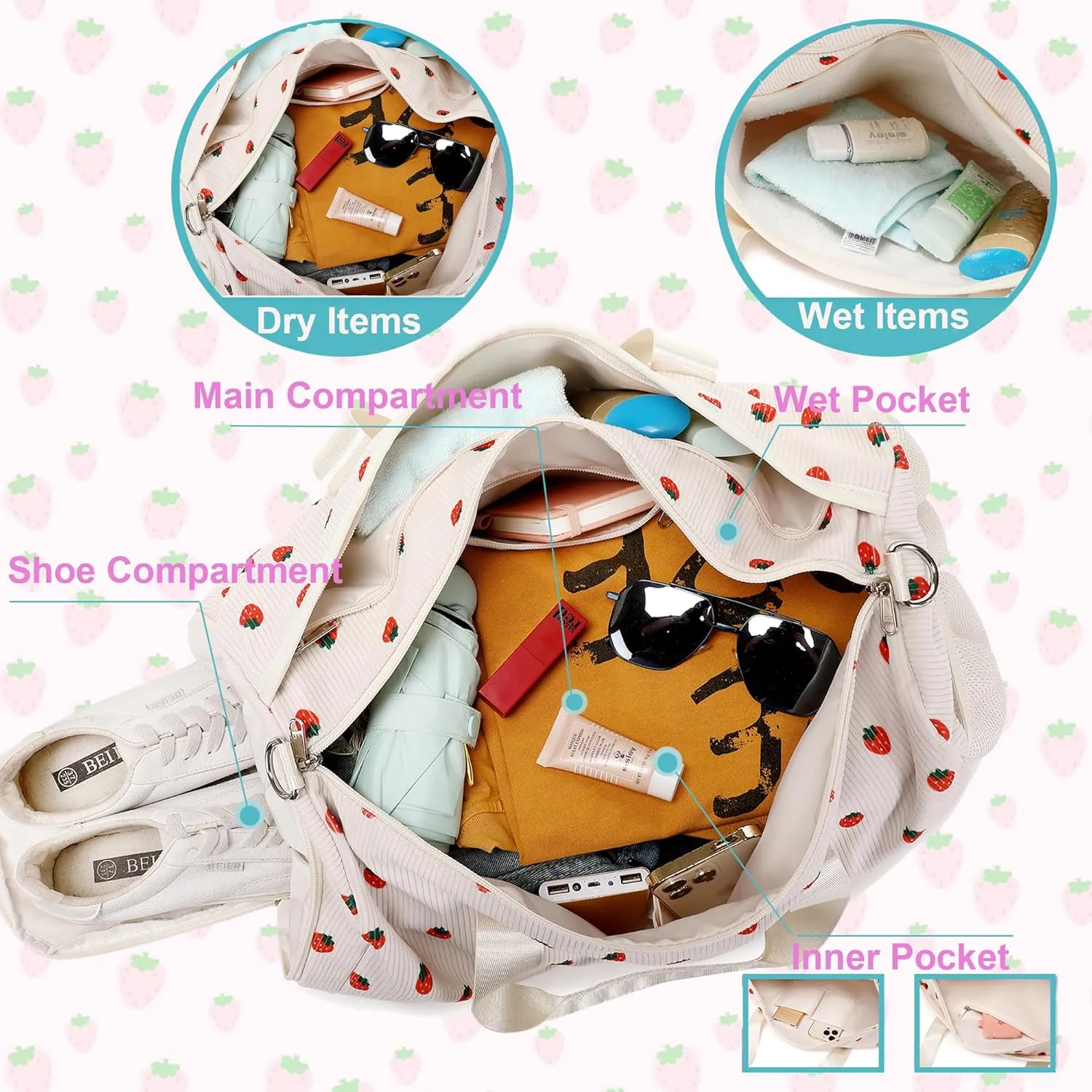 Dance Bag Girls Duffle Bag Gymnastics Bags for Girls Overnight Sleepover Bags with Shoe Compartment and Wet Pocket,Strawberry Shape Corduroy