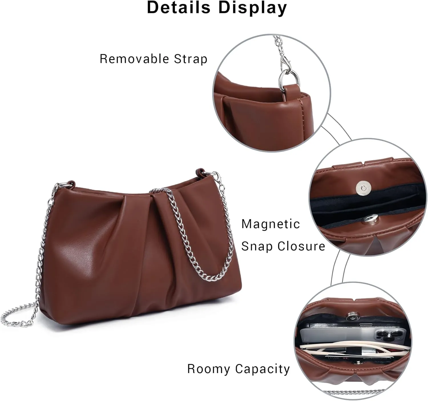 Dasein Elegant Pleated Evening Bag Soft Vegan Leather Clutch Purse Dressy Formal Handbag with 2 Chain Straps for Women