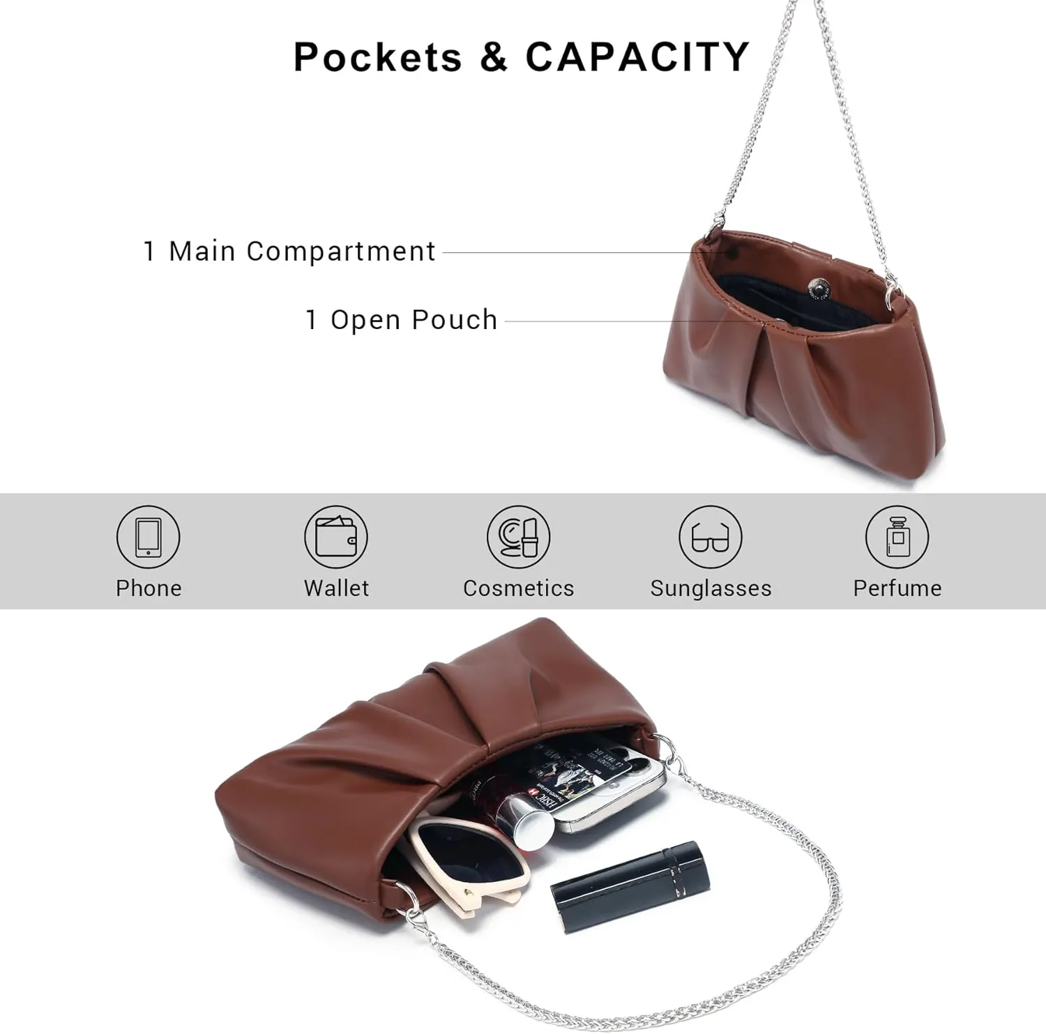 Dasein Elegant Pleated Evening Bag Soft Vegan Leather Clutch Purse Dressy Formal Handbag with 2 Chain Straps for Women