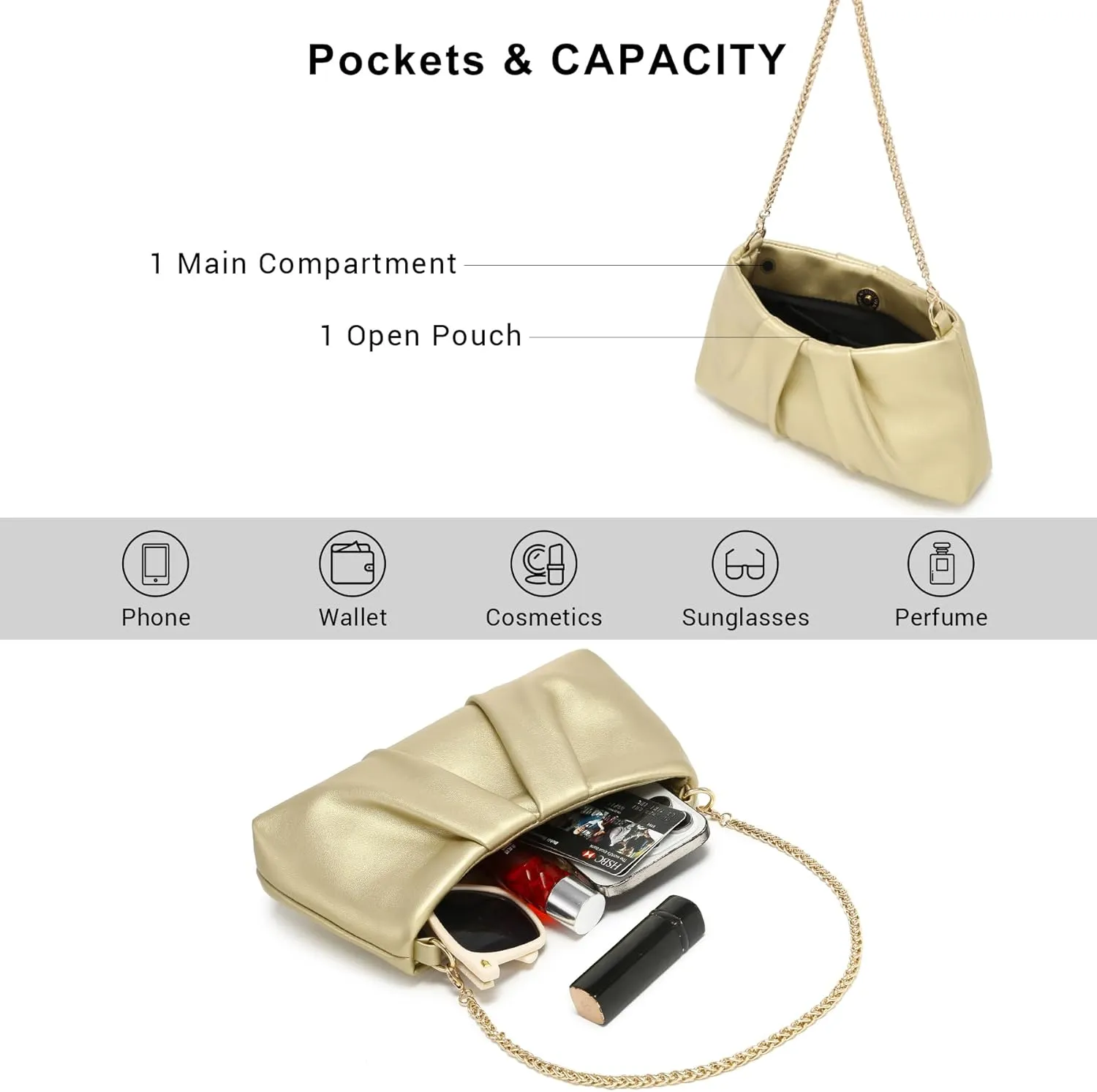 Dasein Elegant Pleated Evening Bag Soft Vegan Leather Clutch Purse Dressy Formal Handbag with 2 Chain Straps for Women