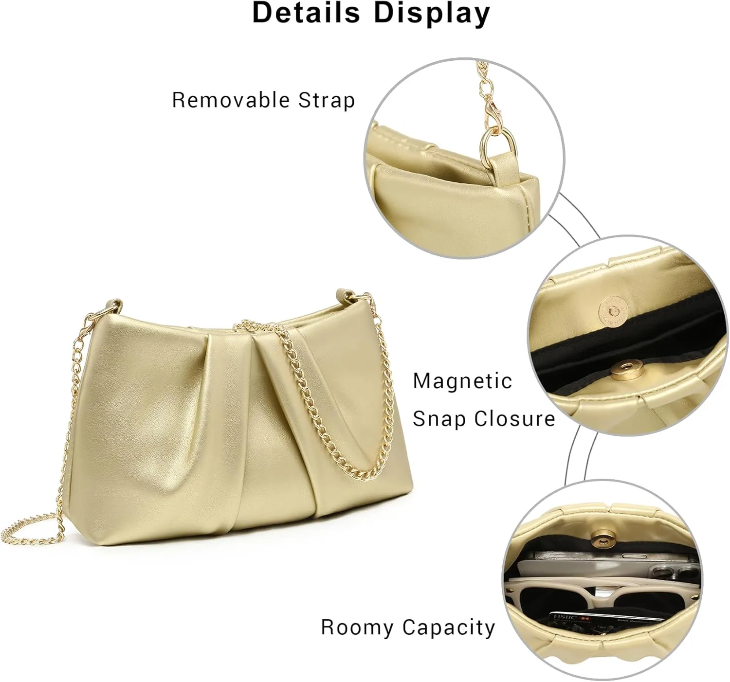 Dasein Elegant Pleated Evening Bag Soft Vegan Leather Clutch Purse Dressy Formal Handbag with 2 Chain Straps for Women