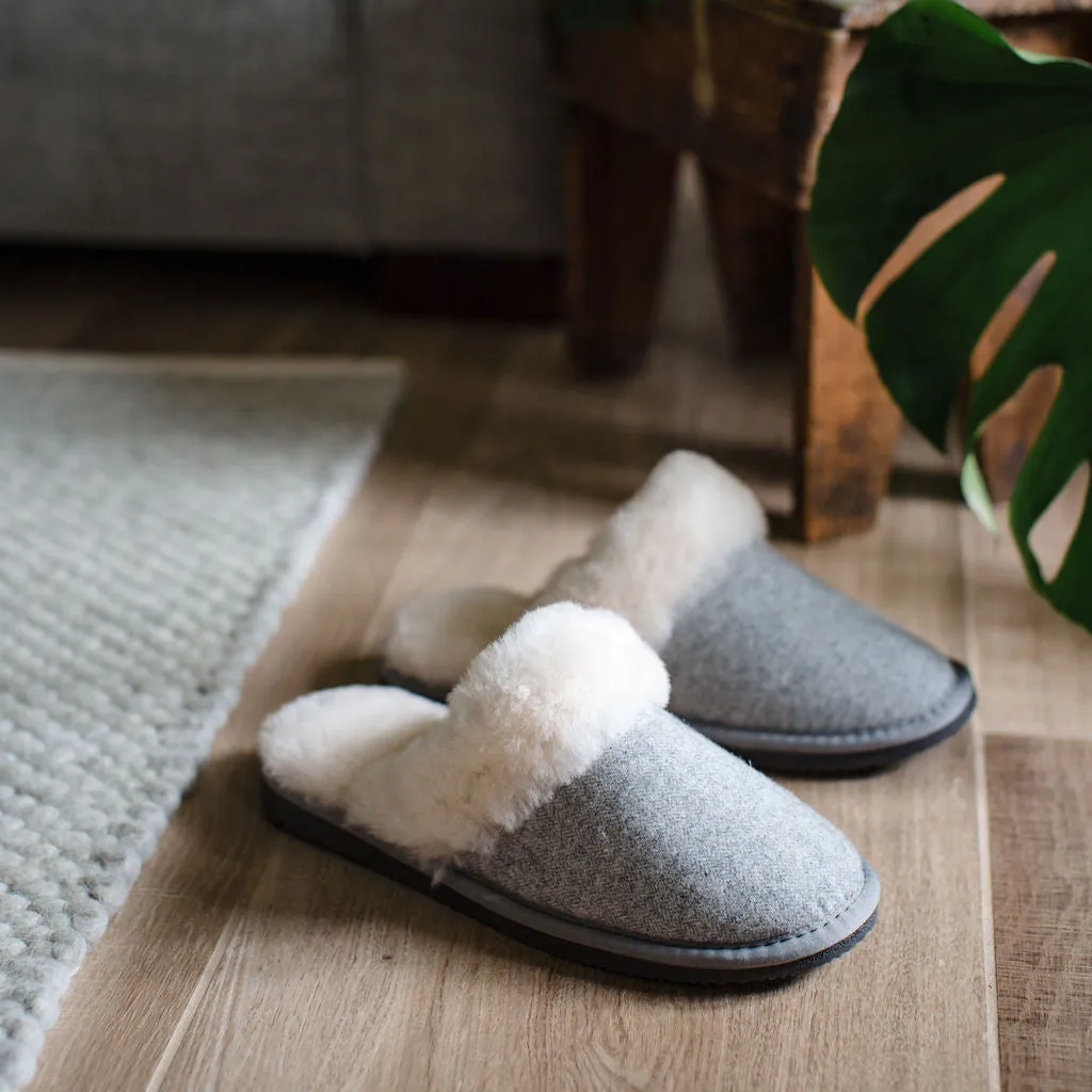 Deluxe Ladies 'Daisy' Sheepskin Slipper Mule - Herringbone Grey