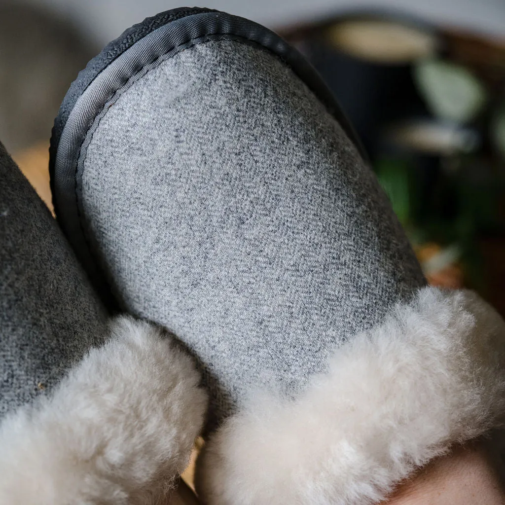 Deluxe Ladies 'Daisy' Sheepskin Slipper Mule - Herringbone Grey