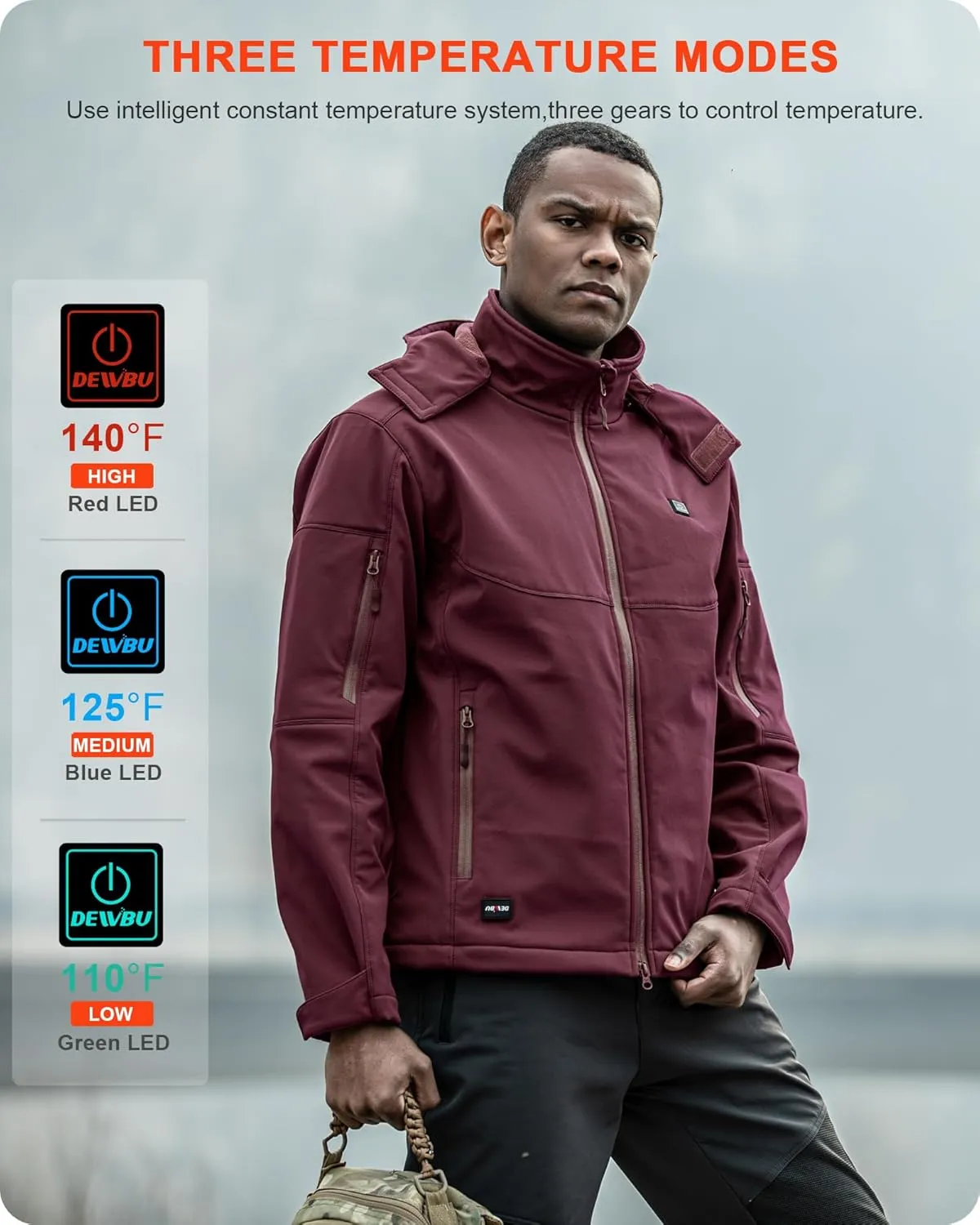 DEWBU Soft Shell Heated Jacket for Men with 12V Battery Pack and Detachable Hood Outdoor Electric Heating Coat