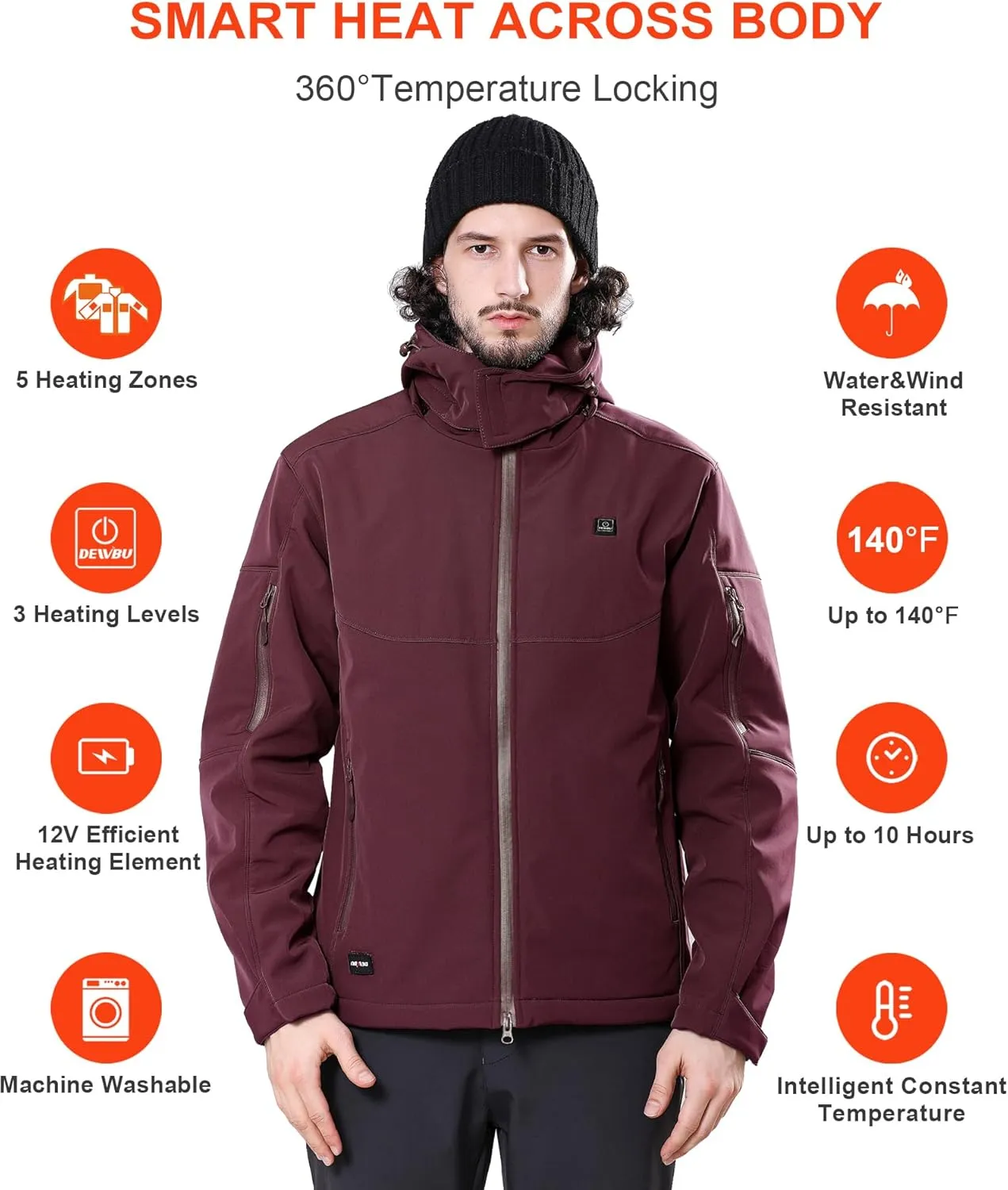 DEWBU Soft Shell Heated Jacket for Men with 12V Battery Pack and Detachable Hood Outdoor Electric Heating Coat