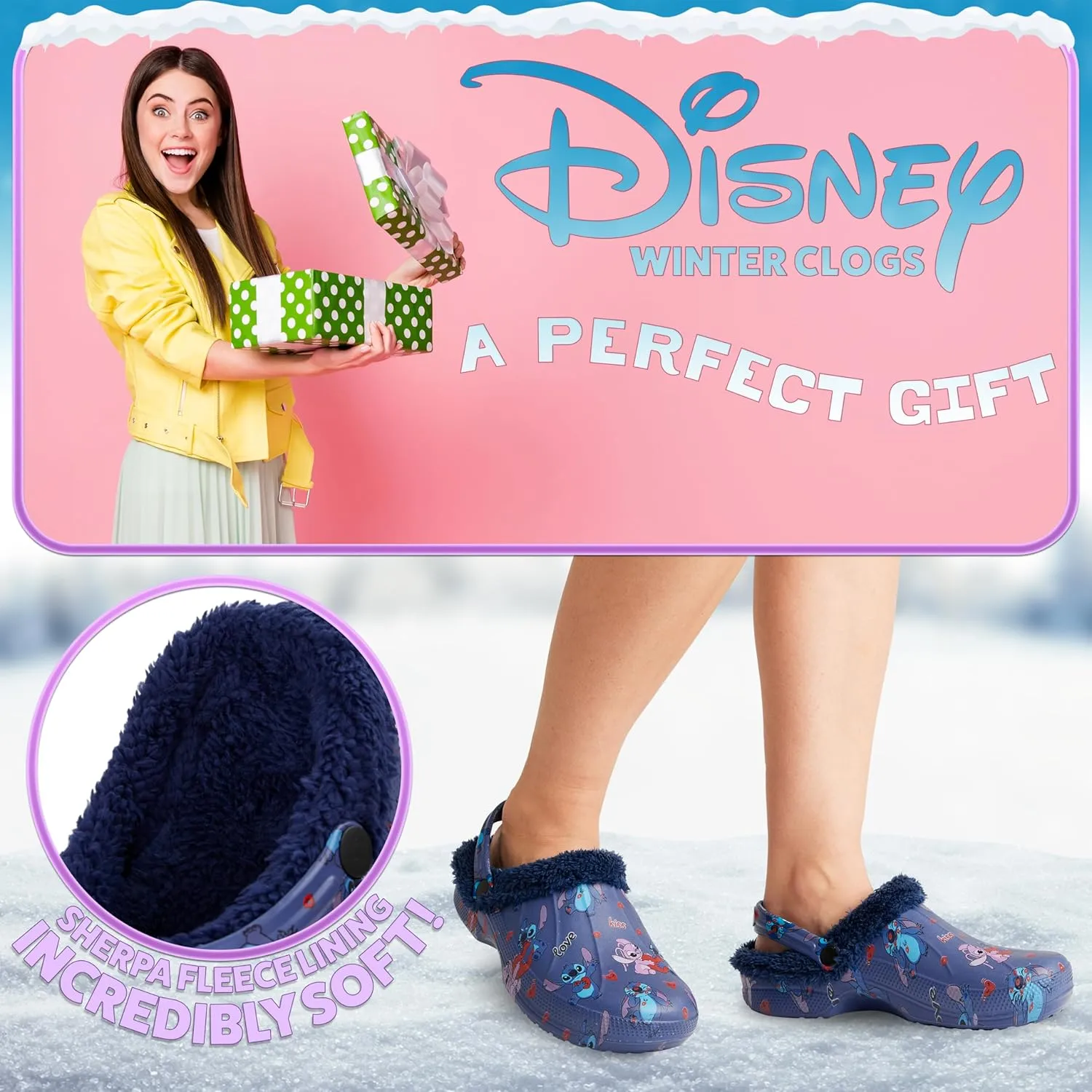 Disney Stitch Clogs Womens Winter Fleece Lining & Removable Charms - Warm Slip On Garden Shoes with Strap