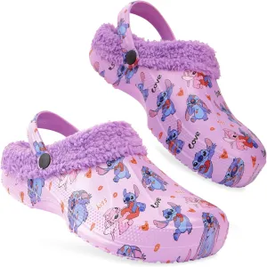 Disney Stitch Clogs Womens Winter Fleece Lining & Removable Charms - Warm Slip On Garden Shoes with Strap