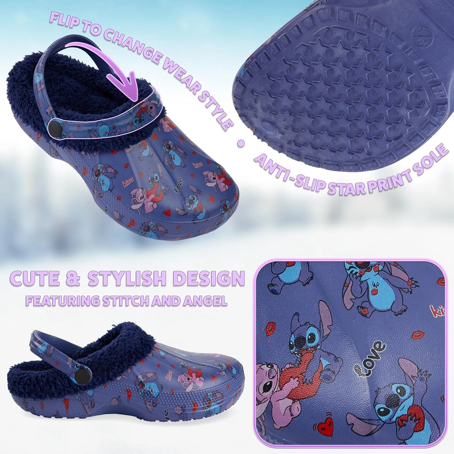 Disney Stitch Clogs Womens Winter Fleece Lining & Removable Charms - Warm Slip On Garden Shoes with Strap
