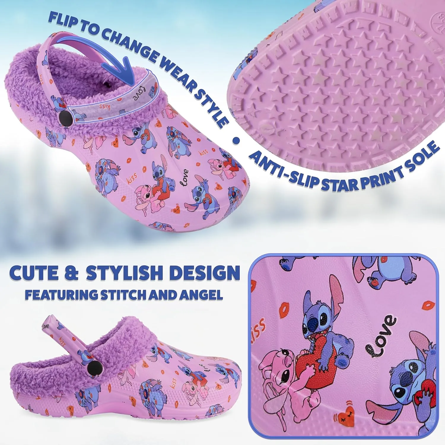 Disney Stitch Clogs Womens Winter Fleece Lining & Removable Charms - Warm Slip On Garden Shoes with Strap