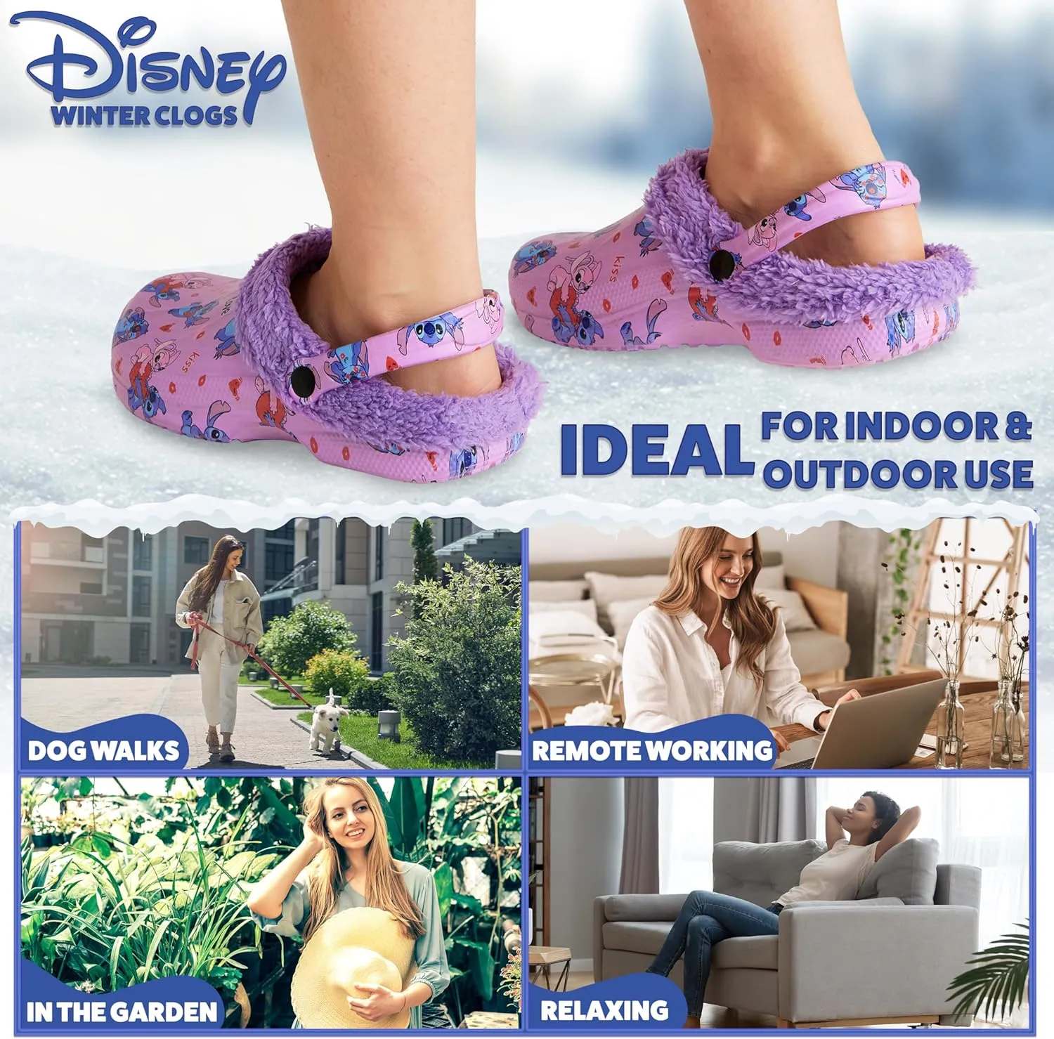 Disney Stitch Clogs Womens Winter Fleece Lining & Removable Charms - Warm Slip On Garden Shoes with Strap