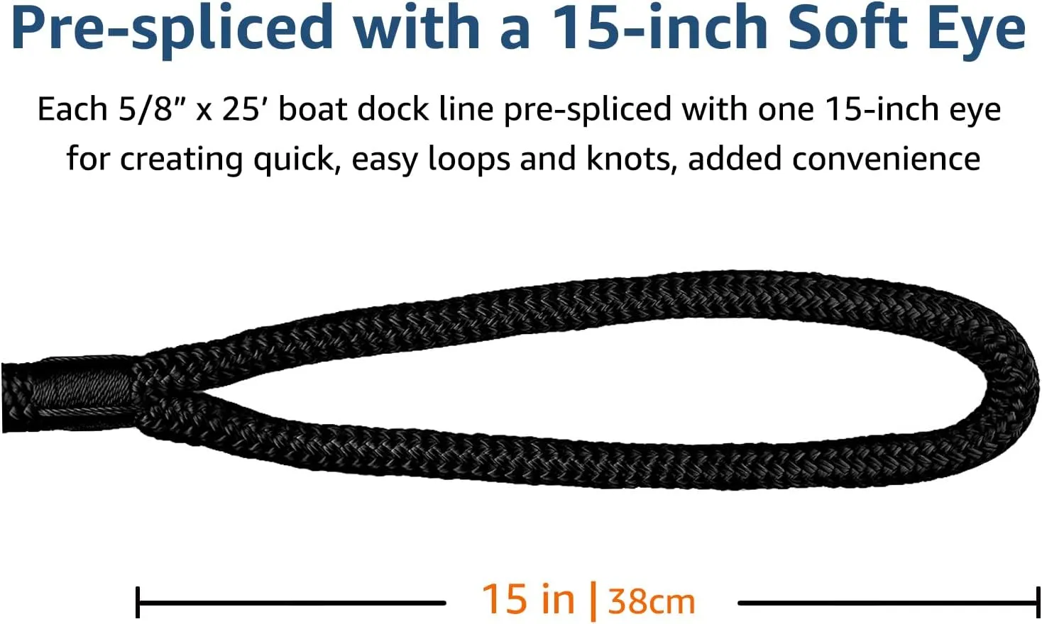 Dock Lines: 5/8" x 25' Double Braided Nylon - Premium Boat Ropes with 15" Loop - Marine Grade - Sturdy Dock Lines - 2 Pack