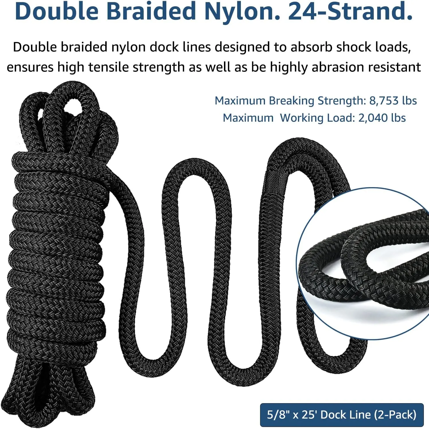 Dock Lines: 5/8" x 25' Double Braided Nylon - Premium Boat Ropes with 15" Loop - Marine Grade - Sturdy Dock Lines - 2 Pack
