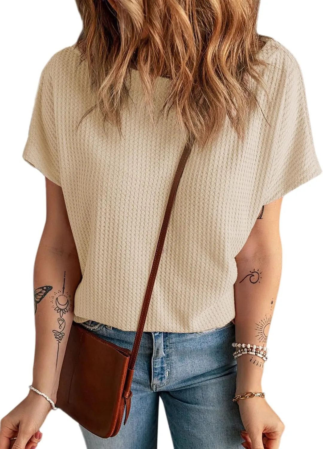 Dokotoo Women's Casual Boat Neck Short Sleeve Waffle Knit Shirts Loose Summer Tunic Tops Blouses