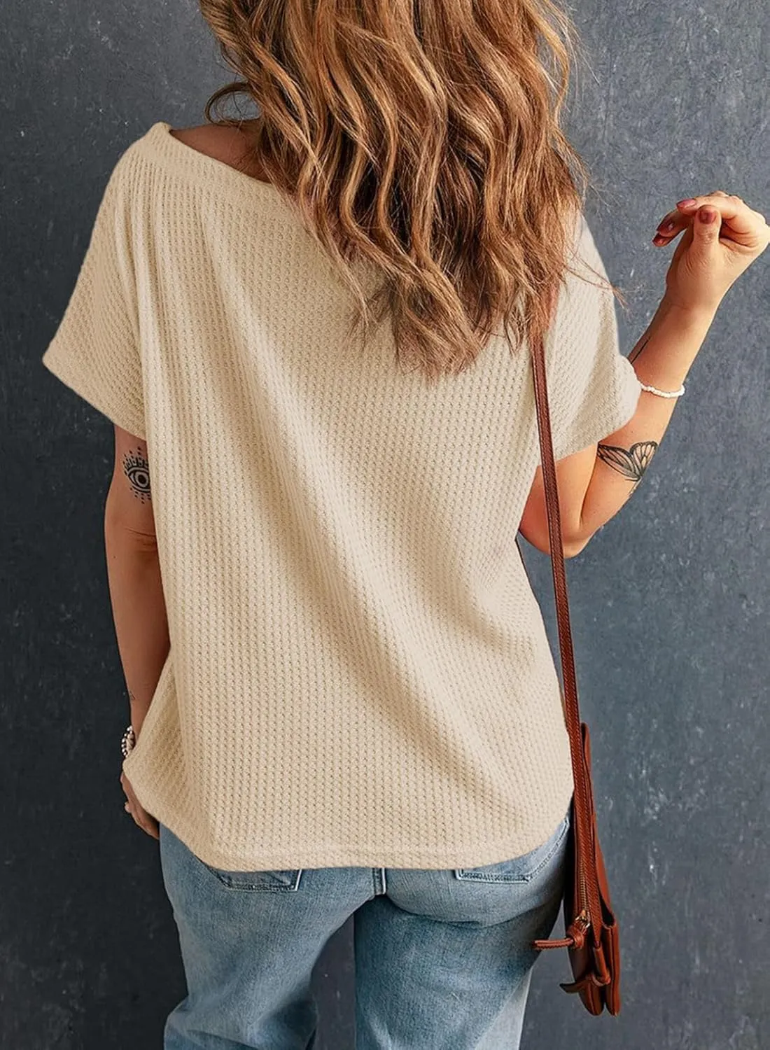 Dokotoo Women's Casual Boat Neck Short Sleeve Waffle Knit Shirts Loose Summer Tunic Tops Blouses