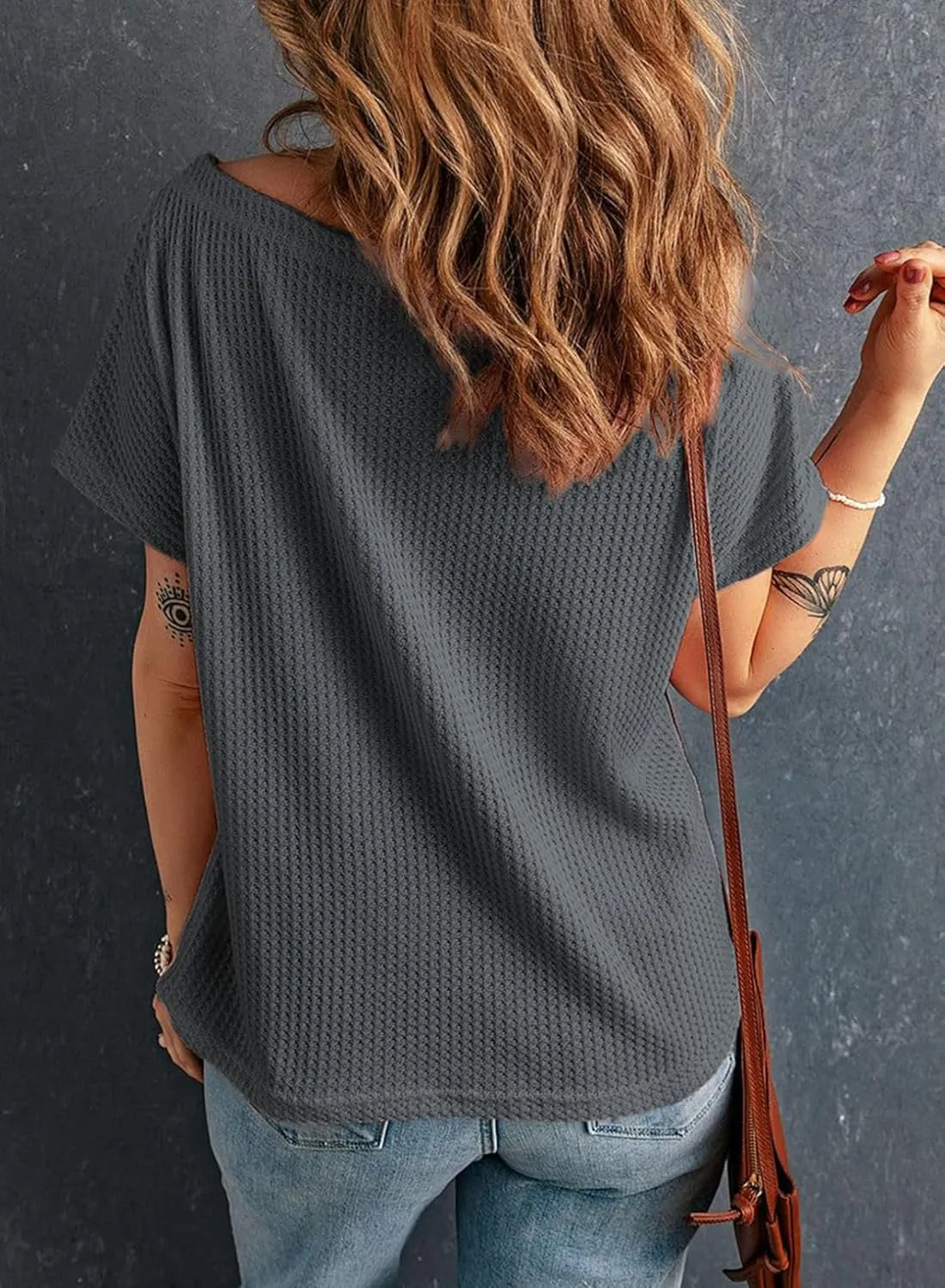 Dokotoo Women's Casual Boat Neck Short Sleeve Waffle Knit Shirts Loose Summer Tunic Tops Blouses