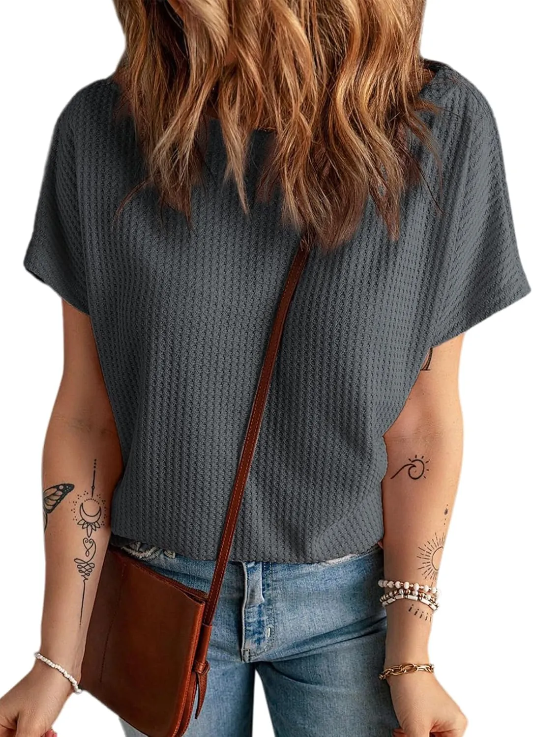 Dokotoo Women's Casual Boat Neck Short Sleeve Waffle Knit Shirts Loose Summer Tunic Tops Blouses