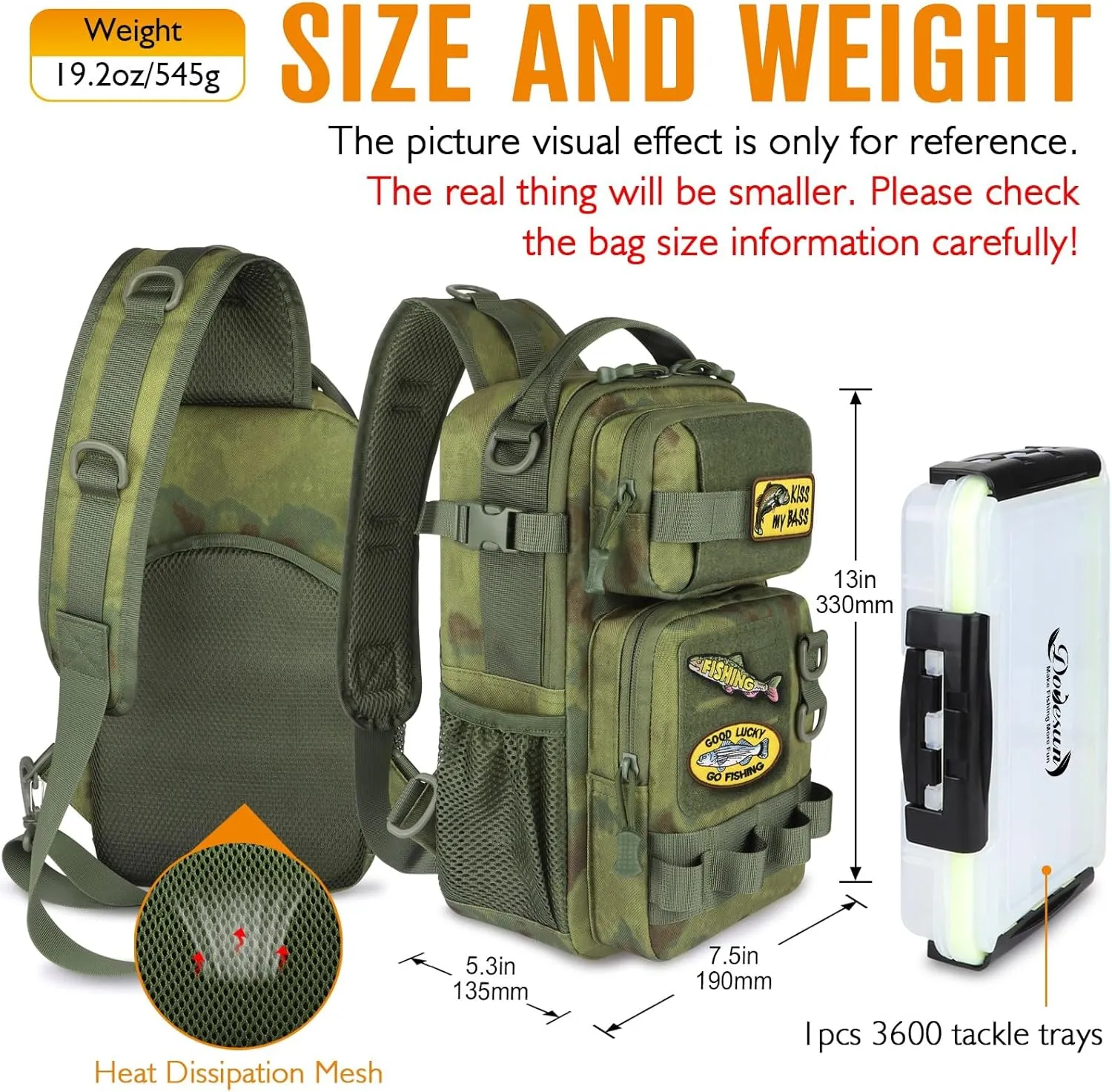 Dovesun Fishing Sling Tackle Bag with 3600 Tackle Trays, DIY Logos Fishing Backpack with Rod Holder Sling Bag