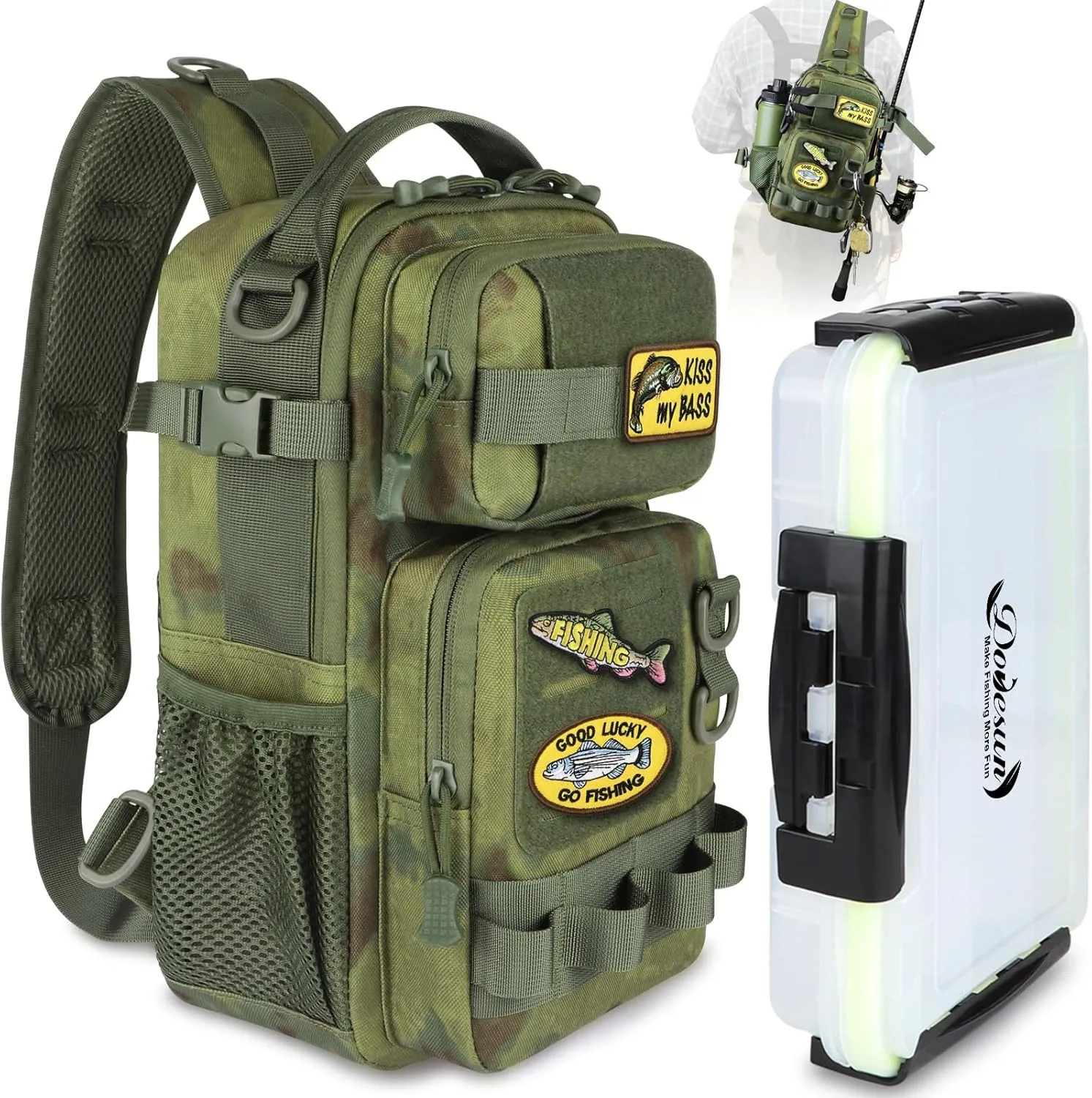 Dovesun Fishing Sling Tackle Bag with 3600 Tackle Trays, DIY Logos Fishing Backpack with Rod Holder Sling Bag