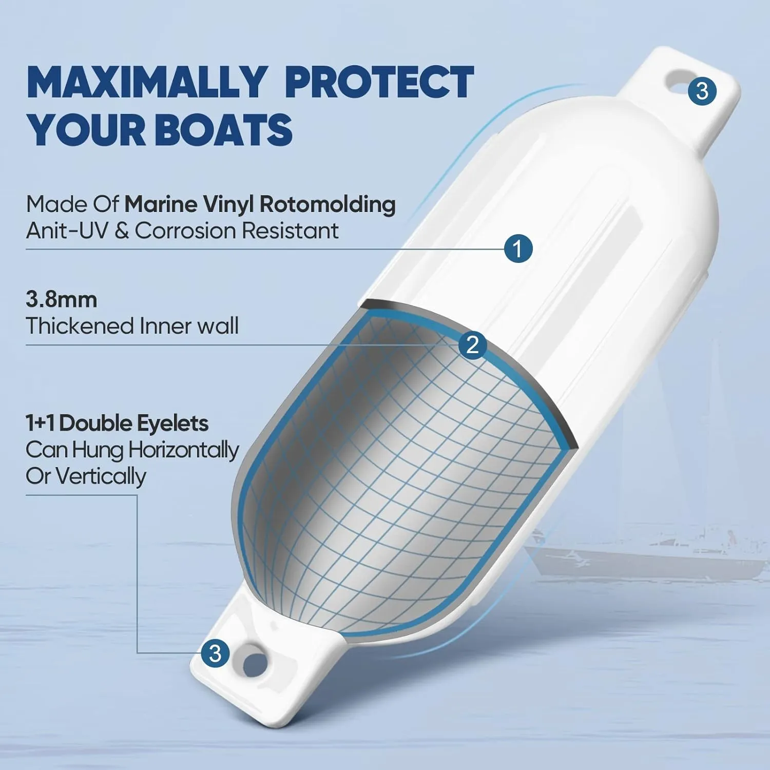 Dreizack Boat Fenders 4 Pack, Boat Bumpers for Docking with 4 Ropes, Inflatable Ribbed Marine Pontoon Boat Fender Bumper for Docks with 1 Storage Bag, 1 Air Pump and 4 Needles