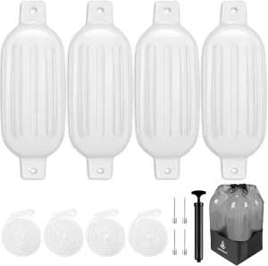 Dreizack Boat Fenders 4 Pack, Boat Bumpers for Docking with 4 Ropes, Inflatable Ribbed Marine Pontoon Boat Fender Bumper for Docks with 1 Storage Bag, 1 Air Pump and 4 Needles