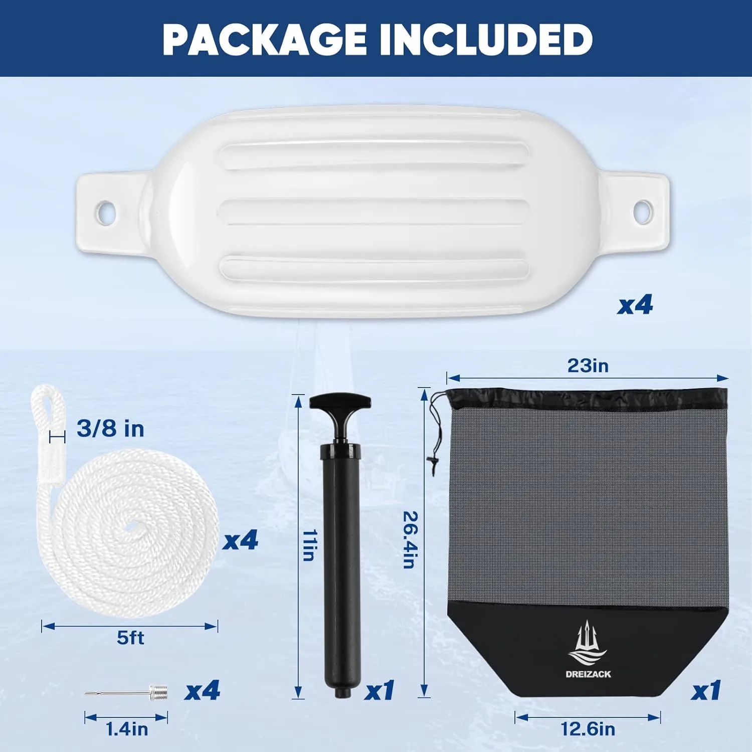 Dreizack Boat Fenders 4 Pack, Boat Bumpers for Docking with 4 Ropes, Inflatable Ribbed Marine Pontoon Boat Fender Bumper for Docks with 1 Storage Bag, 1 Air Pump and 4 Needles