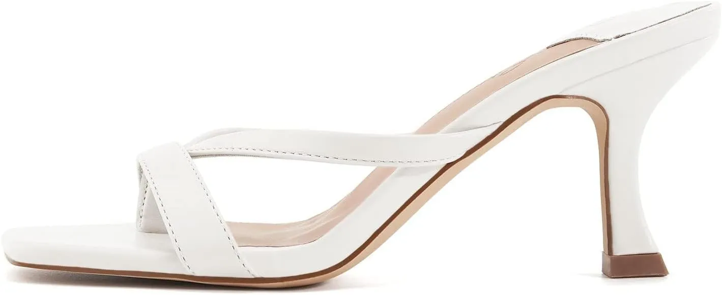 Ermonn Womens Square Open Toe Heels Sandals Slides Thong Stiletto Backless Slip on Slippers Shoes