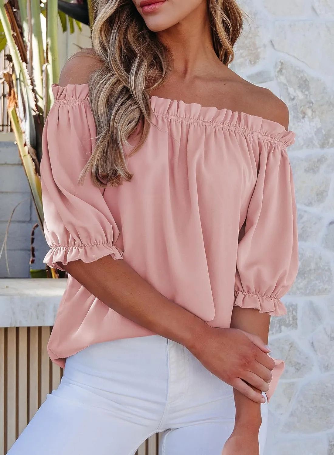 EVALESS Womens Tops Off The Shoulder Blouses for Women Dressy Casual Cute Puff Sleeve T Shirts Fashion 2025