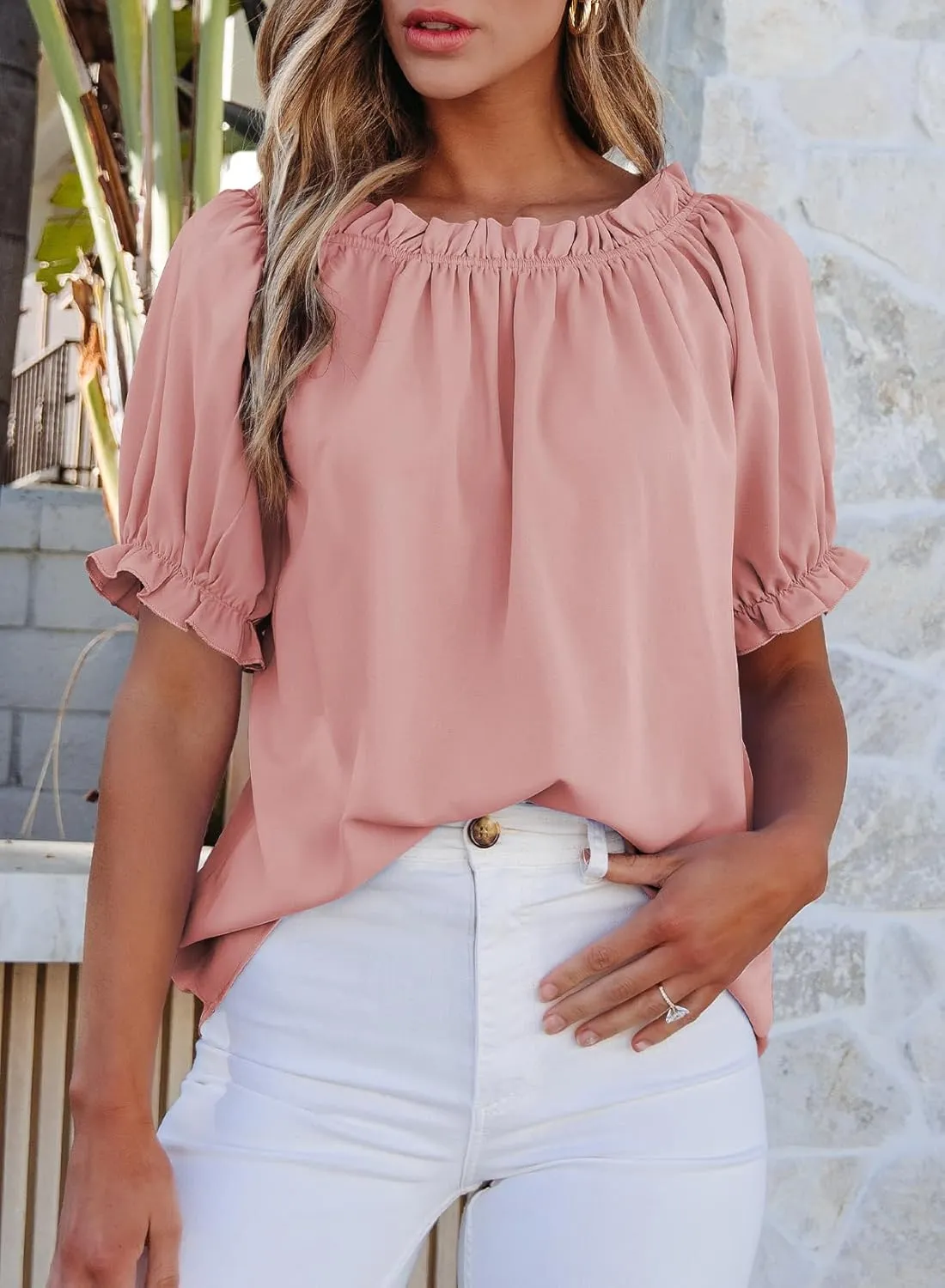 EVALESS Womens Tops Off The Shoulder Blouses for Women Dressy Casual Cute Puff Sleeve T Shirts Fashion 2025