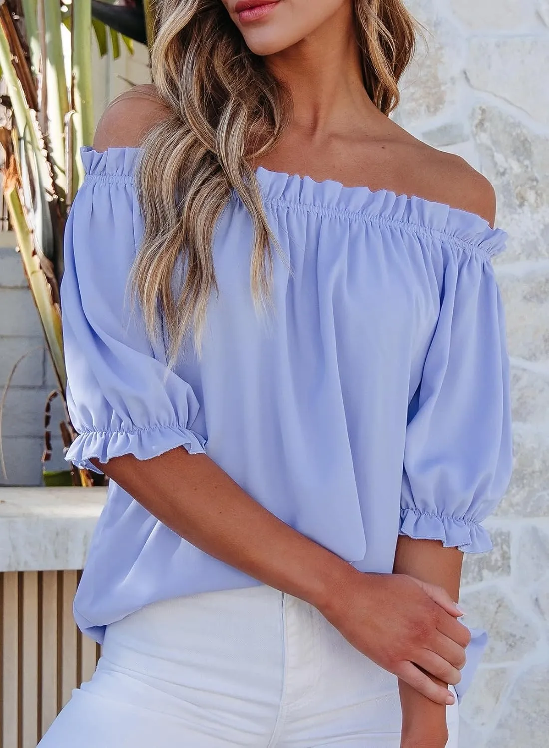 EVALESS Womens Tops Off The Shoulder Blouses for Women Dressy Casual Cute Puff Sleeve T Shirts Fashion 2025