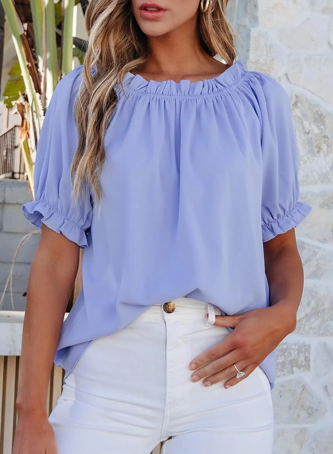 EVALESS Womens Tops Off The Shoulder Blouses for Women Dressy Casual Cute Puff Sleeve T Shirts Fashion 2025